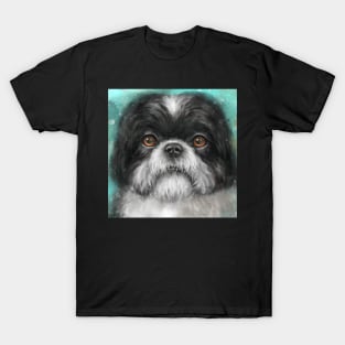 Painting of a Black and White Shih Tzu Dog with Honey Eyes T-Shirt